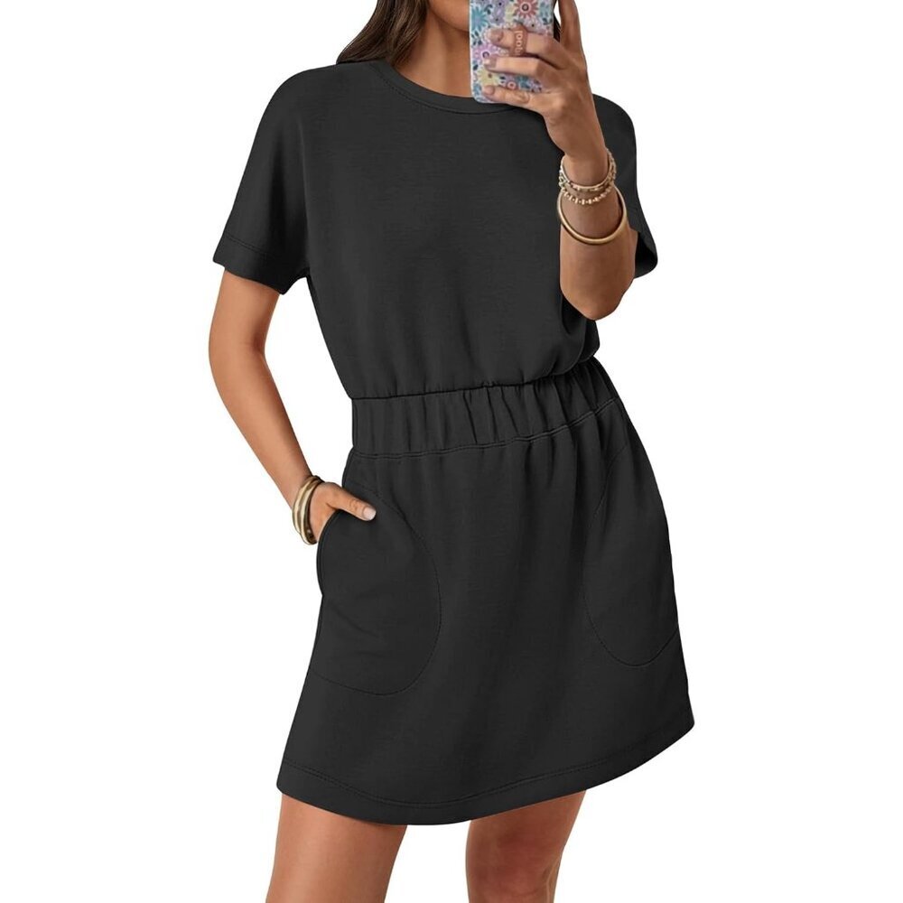 Anrabess Women Black Crew Neck Elastic Waist Mini T Shirt Dress With Pocket